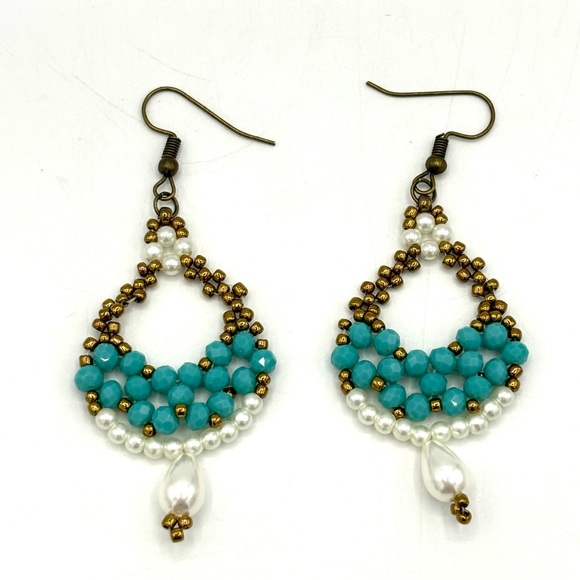 Hand Crafted Beaded Turquoise Crystal and Pearl Chunky Earrings - Picture 3 of 7